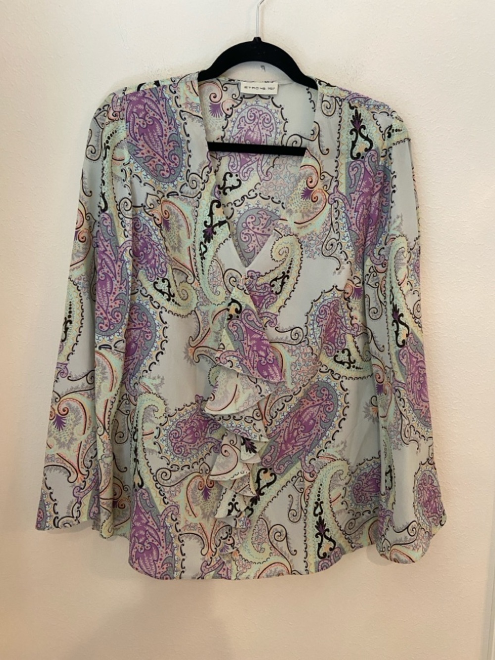 Etro Paisley Ruffle Front Silk Blend Blouse Lavender Mint IT 46 US Large